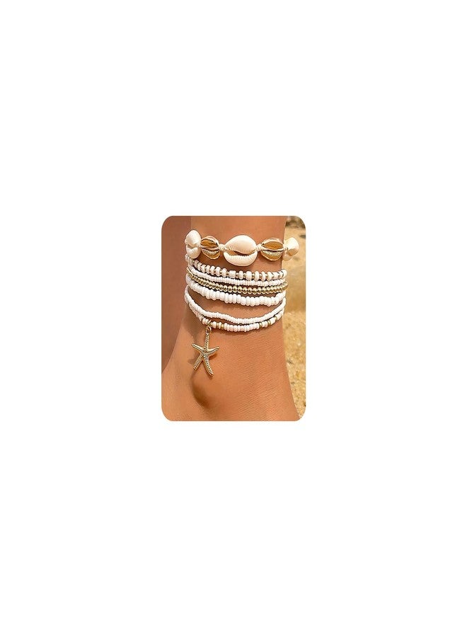 mintolex 7 Pack Boho Beaded Shell Anklet Bracelets for Women Colorful Stretch Cowrie Seashell Starfish Ankle Bracelet Stack Adjustable Summer Beach Accessories Cute Hawaiian Jewelry, White - Image 1